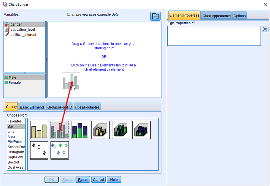 8 different bar chart options are presented. The 'Clustered Bar' option is dragged into the 'Chart Preview' box at the top