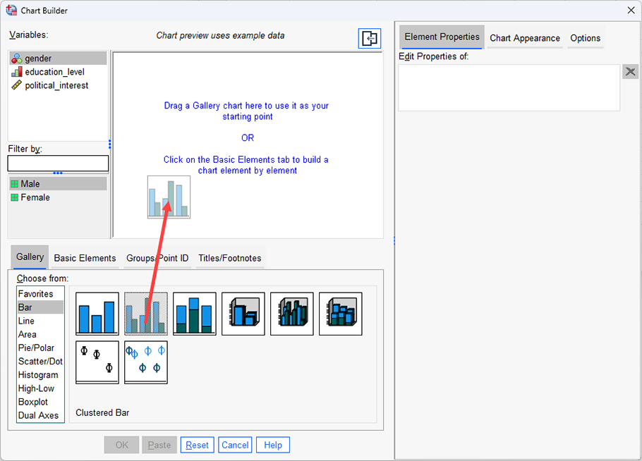 8 different bar chart options are presented. The 'Clustered Bar' option is dragged into the 'Chart Preview' box at the top