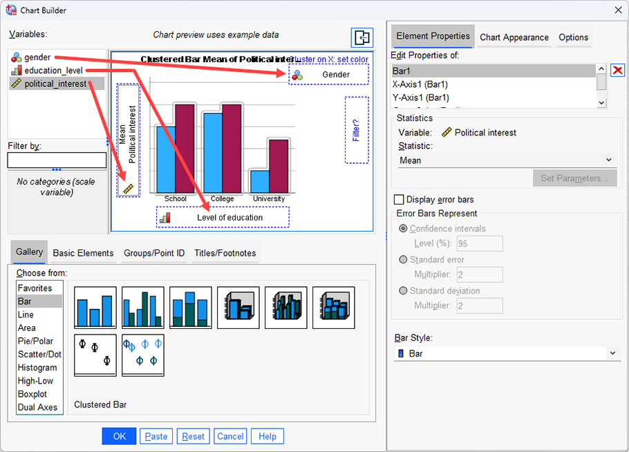 The 'Chart Preview' changes to reflect the variables you have entered into the a-axis, y-axis & 'Cluster on X' of your clustered bar chart