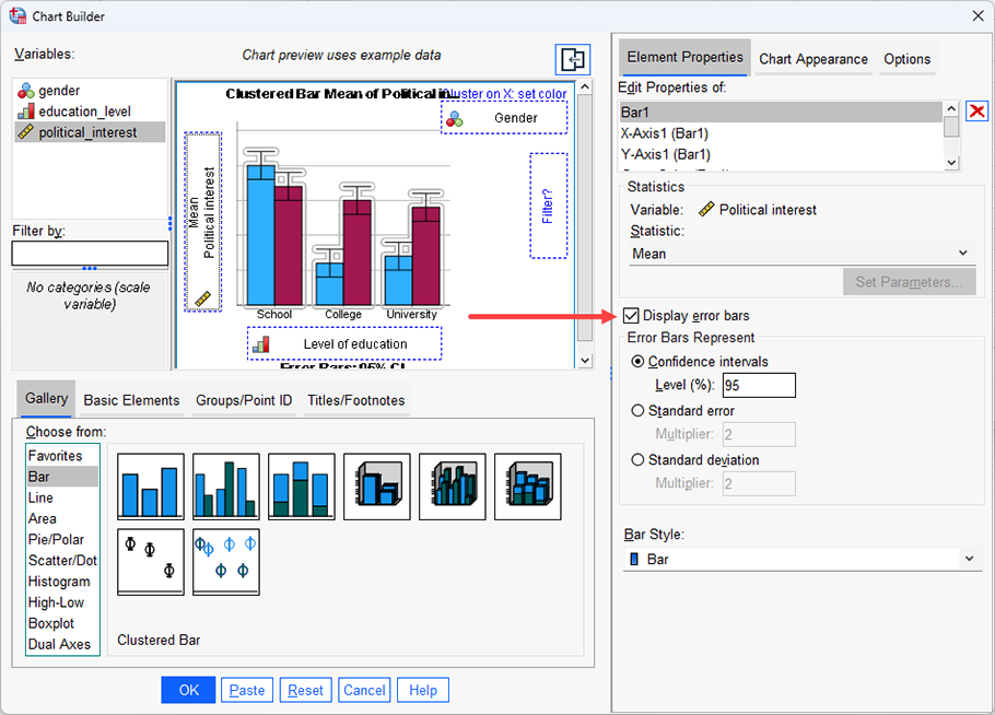 The 'Element Properties' dialogue box provides further options to edit your clustered bar chart