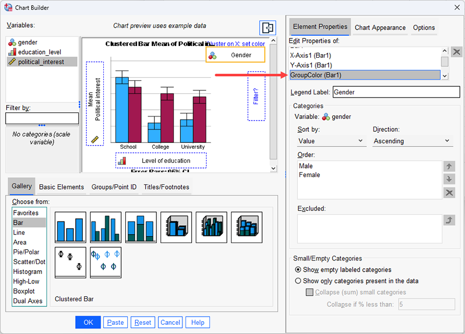 Presents options where you can make changes to 'Cluster on X' for your clustered bar chart