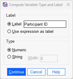 participant ID entered in 'compute variable: type and label' dialogue box