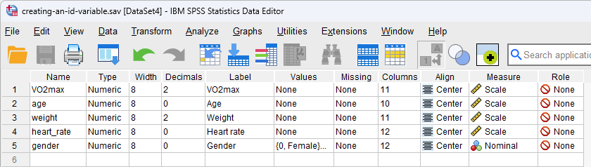 Data View showing five variables