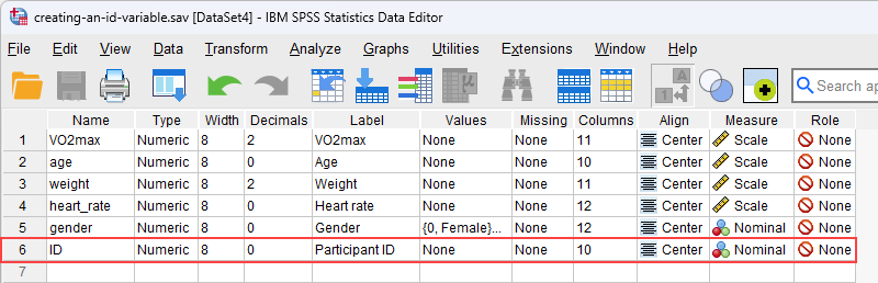 Variable View showing five variables. ID variable highlighted