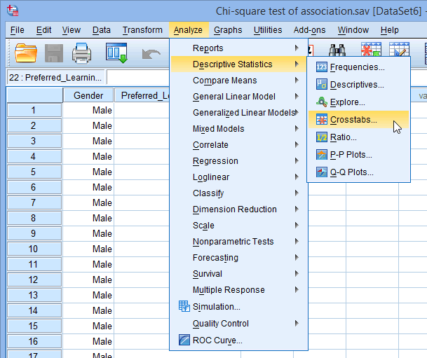Shows the menu for the chi-square test of independence in SPSS Statistics