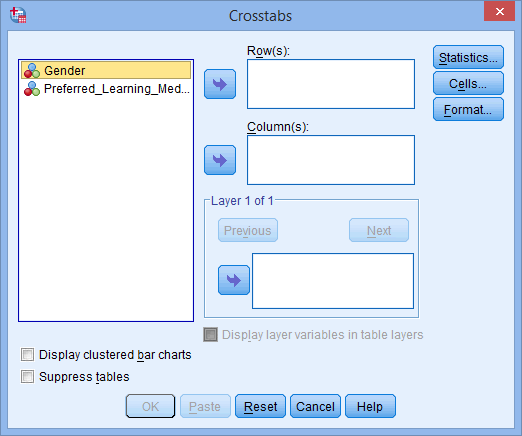 'Crosstabs' dialogue box for the chi-square test of independence in SPSS Statistics