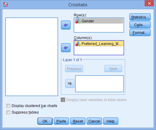 'Crosstabs' dialogue box. 'Gender' & 'Preferred_Learning_Medium' transferred into 'Row(s)' & 'Column(s)' boxes respectively