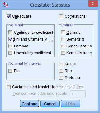 'Crosstabs: Statistics' where the aforementioned options have been selected