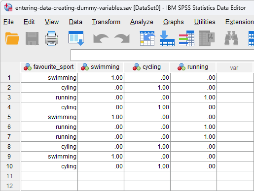 SPSS setup in 'Data View' when creating dummy variables