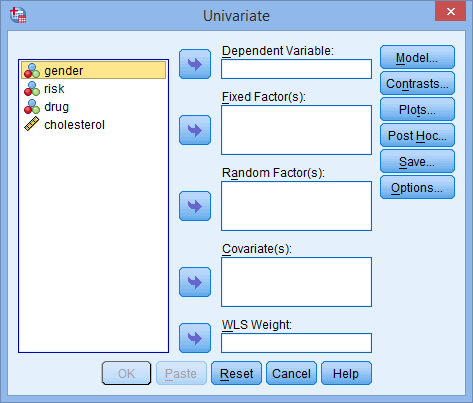 'Univariate' dialogue box for a three-way ANOVA in SPSS Statistics. All variables on the left