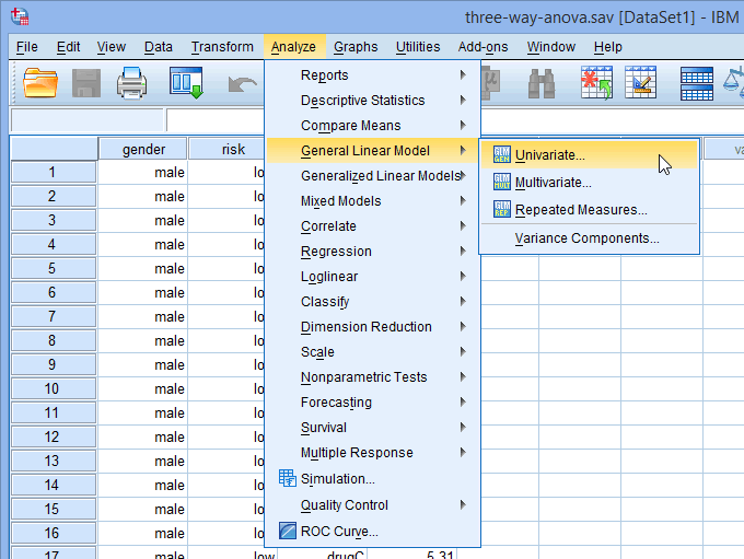 Menu for a three-way ANOVA in SPSS Statistics