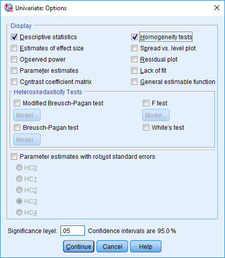 'Univariate: Options' dialogue box for the three-way ANOVA in SPSS. 'Descriptive statistics' & Homogeneity tests' selected