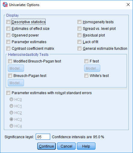 'Univariate: Options' dialogue box for the three-way ANOVA in SPSS Statistics