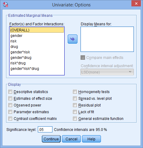 'Univariate: Options' dialogue box for a three-way ANOVA in SPSS Statistics