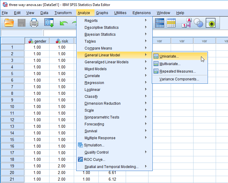 'Univariate' menu for the three-way ANOVA in SPSS Statistics