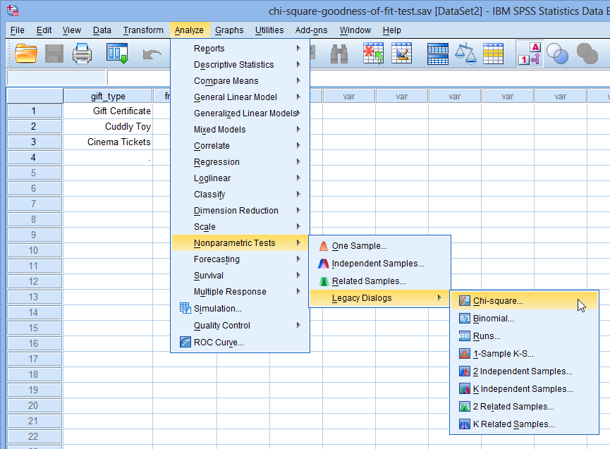 Menu for the chi-square goodness-of-fit test in SPSS Statistics