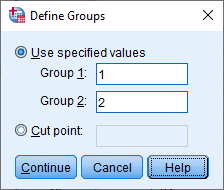 Define Groups Option Box for the Independent T Test