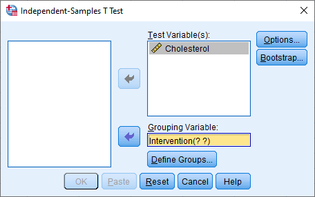 The Independent T Test dialogue box where the dependent and independent variables have been transferred