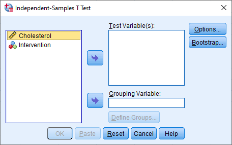 Shows the dependent variable, Cholesterol, and independent variable, Intervention, on the left-hand side