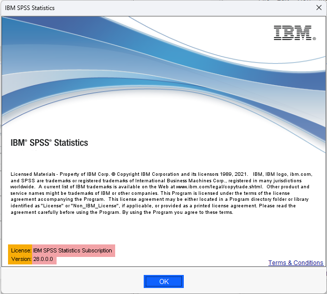 Exact subscription version of SPSS Statistics illustrated for 28.0.0.0