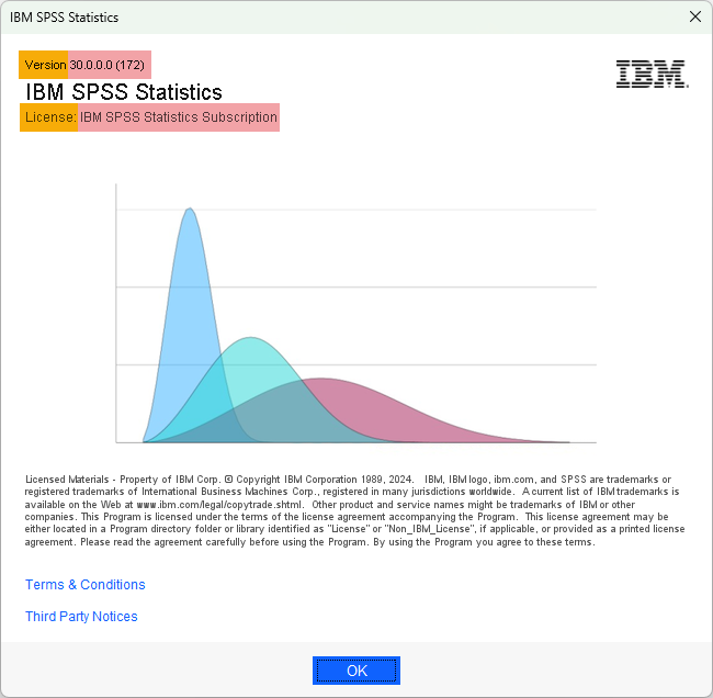 Dialogue box showing the version of the IBM SPSS Statistics Subscription you are using