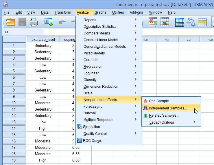 Menu for the Jonckheere-Terpstra test in SPSS Statistics
