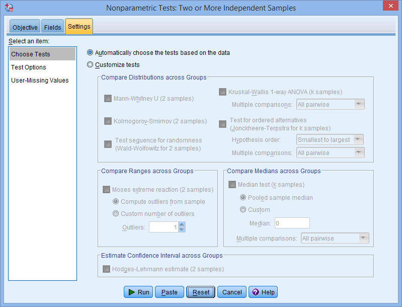 'Settings' tab highlighted. Default options 'Choose Tests' with 'Automatically choose the tests based on the data' selected