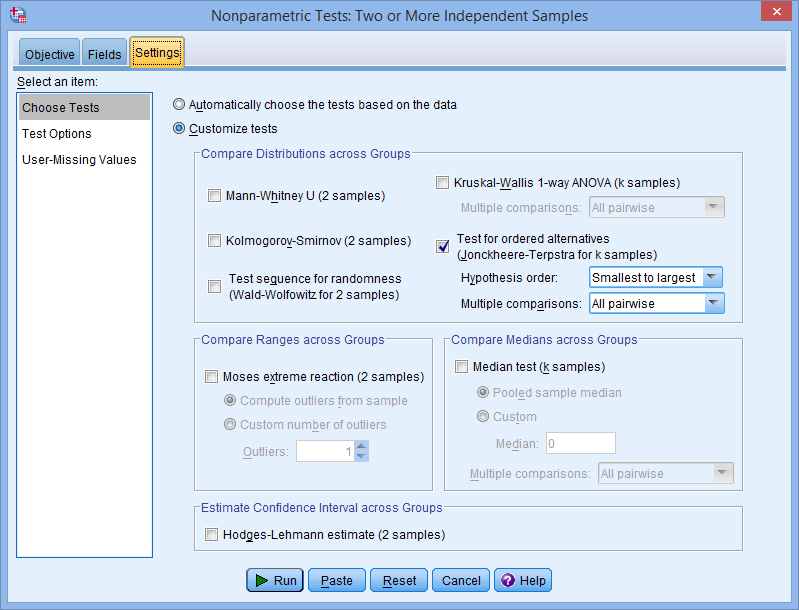 Options to carry out the Jonckheere-Terpstra test in SPSS Statistics selected