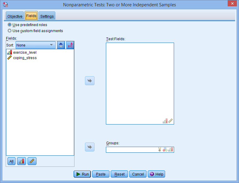 'Fields' tab highlighted for Jonckheere-Terpstra test. Variables 'exercise_level' & 'coping_stress' in 'Fields' box on left