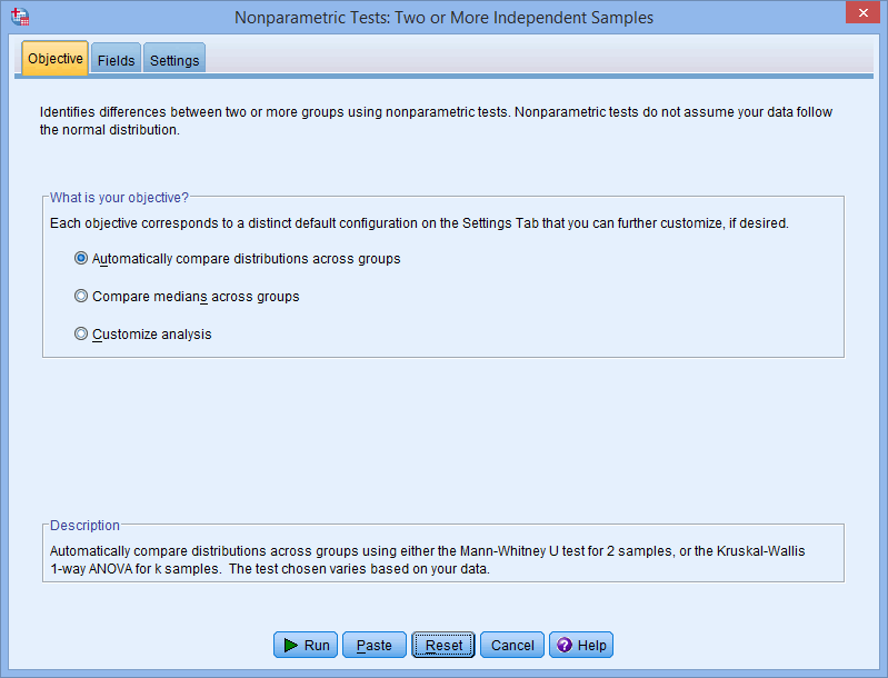 'Nonparametric Tests: Two or More Independent Samples' dialogue box in SPSS. Three tabs: 'Objective', 'Fields' & 'Settings'