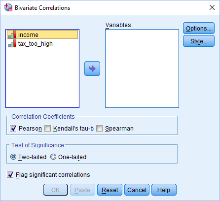 'Bivariate Correlations' dialogue box for Kendall's tau-b in SPSS Statistics. Variables 'income' & 'tax_too_high' on the left