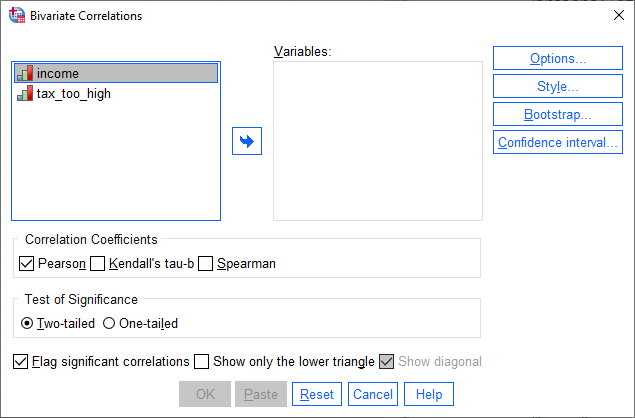 'Bivariate Correlations' dialogue box for Kendall's tau-b in SPSS Statistics. Variables 'income' & 'tax_too_high' on the left