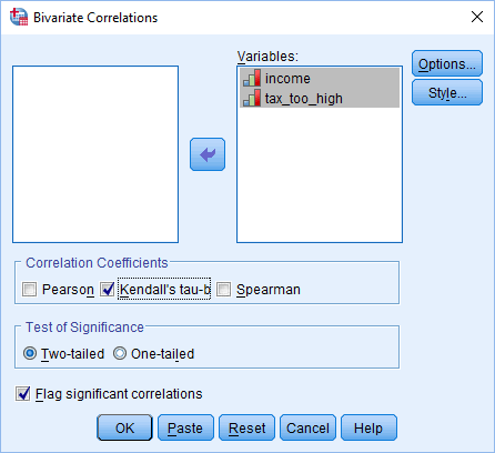 'Bivariate Correlations' dialogue box for Kendall's tau-b. 'Kendall's tau-b' selected in 'Correlation Coefficients' area