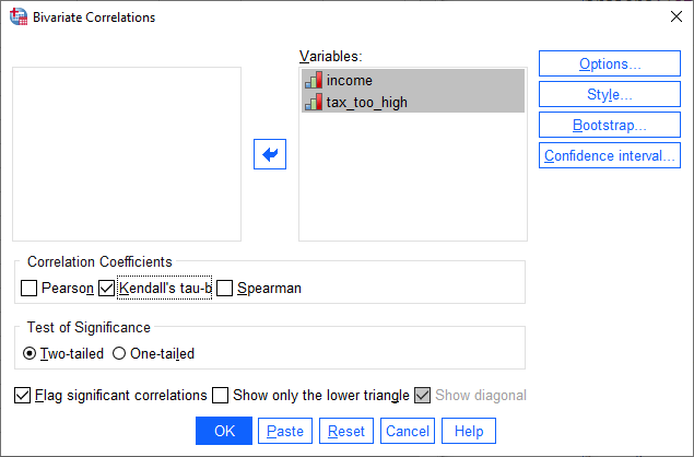 'Bivariate Correlations' dialogue box for Kendall's tau-b. 'Kendall's tau-b' selected in 'Correlation Coefficients' area