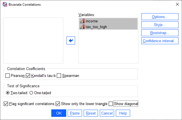 'Bivariate Correlations' dialogue box for Kendall's tau-b. 'Only lower triangle' selected in 'Correlation Coefficients' area