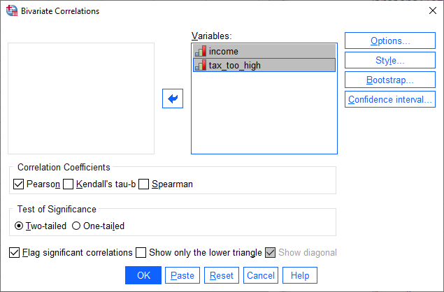 'Bivariate Correlations' dialogue box for Kendall's tau-b in SPSS. 'income' & 'tax_too_high' transferred into 'Variables' box