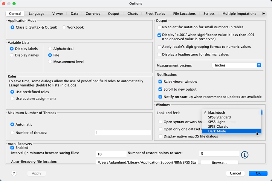 Dark Mode selected from 'Look and feel' down-down box on the right. Apple macOS
