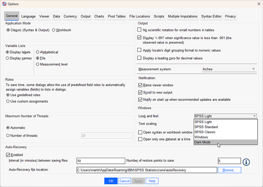 Dark Mode selected from 'Look and feel' down-down box on the right. Microsoft Windows