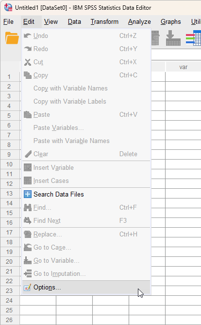 Shows the SPSS Statistics menu for the 'Options' dialogue box. Microsoft Windows