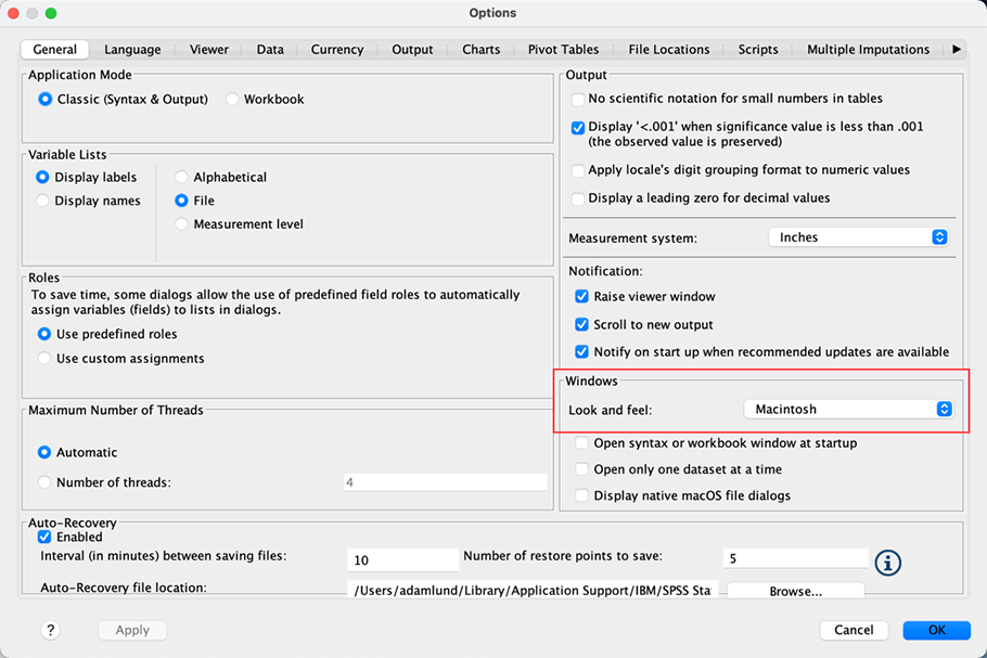 Default 'Options' dialogue box. Apple macOS