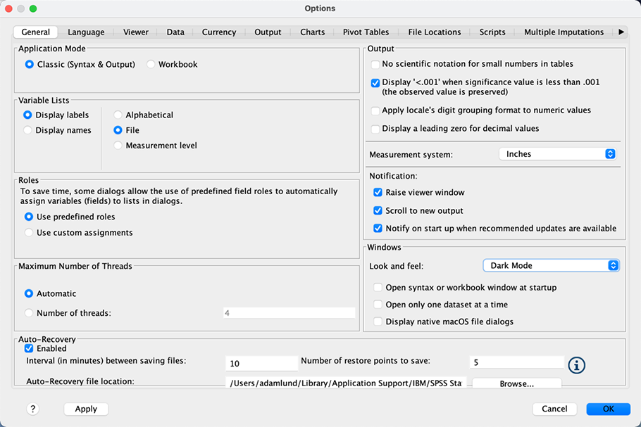 Dark Mode selected in the 'Look and feel' box on the right. Apple macOS