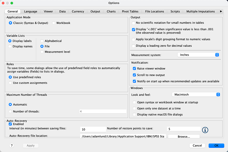 Default 'Options' dialogue box. Apple macOS