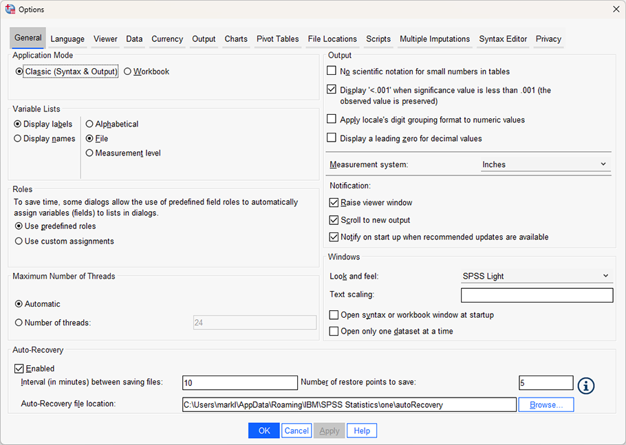 Default 'Options' dialogue box. Microsoft Windows