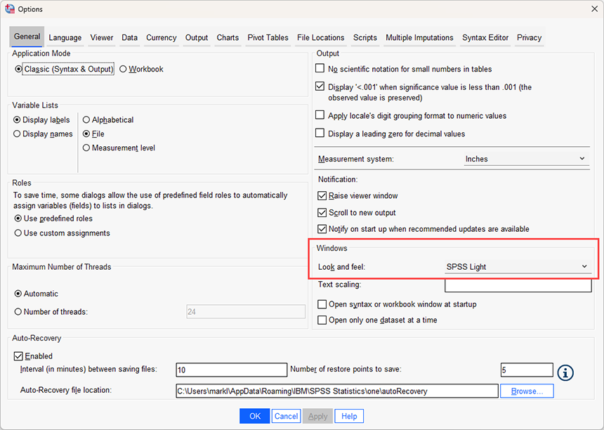 Default 'Options' dialogue box. Microsoft Windows