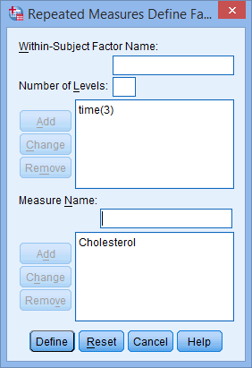 'Repeated Measures Define Factor(s)' dialogue box. Two-way mixed ANOVA in SPSS. 'Cholesterol' entered & added