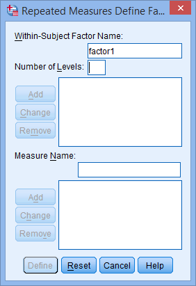 'Repeated Measures Define Factor(s)' dialogue box. Two-way mixed ANOVA in SPSS. 'Within-Subject Factor Name' box at the top