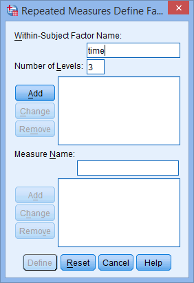 'Repeated Measures Define Factor(s)' dialogue box. Two-way mixed ANOVA in SPSS. 'time' & '3' entered into boxes at the top