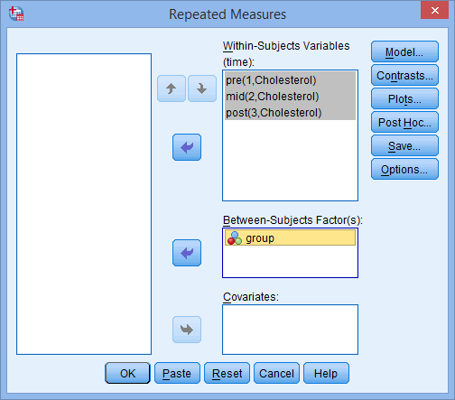 'Repeated Measures' dialogue box. Mixed ANOVA SPSS. Variable 'group' transferred into 'Between-Subjects Factor(s)' box