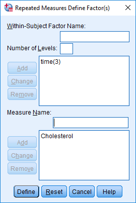 'Repeated Measures Define Factor(s)' dialogue box. Two-way mixed ANOVA in SPSS. 'Cholesterol' added