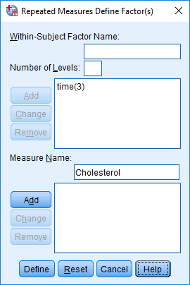 'Repeated Measures Define Factor(s)' dialogue box. Two-way mixed ANOVA in SPSS. 'Cholesterol' entered